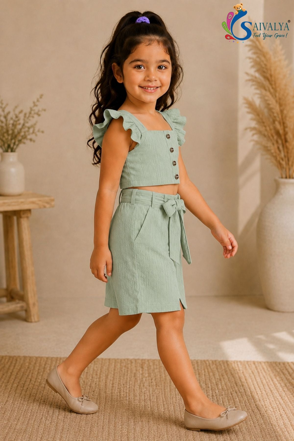 Pastel Sage Green - Flutter Bloom Textured Co-Ord Set for Girls