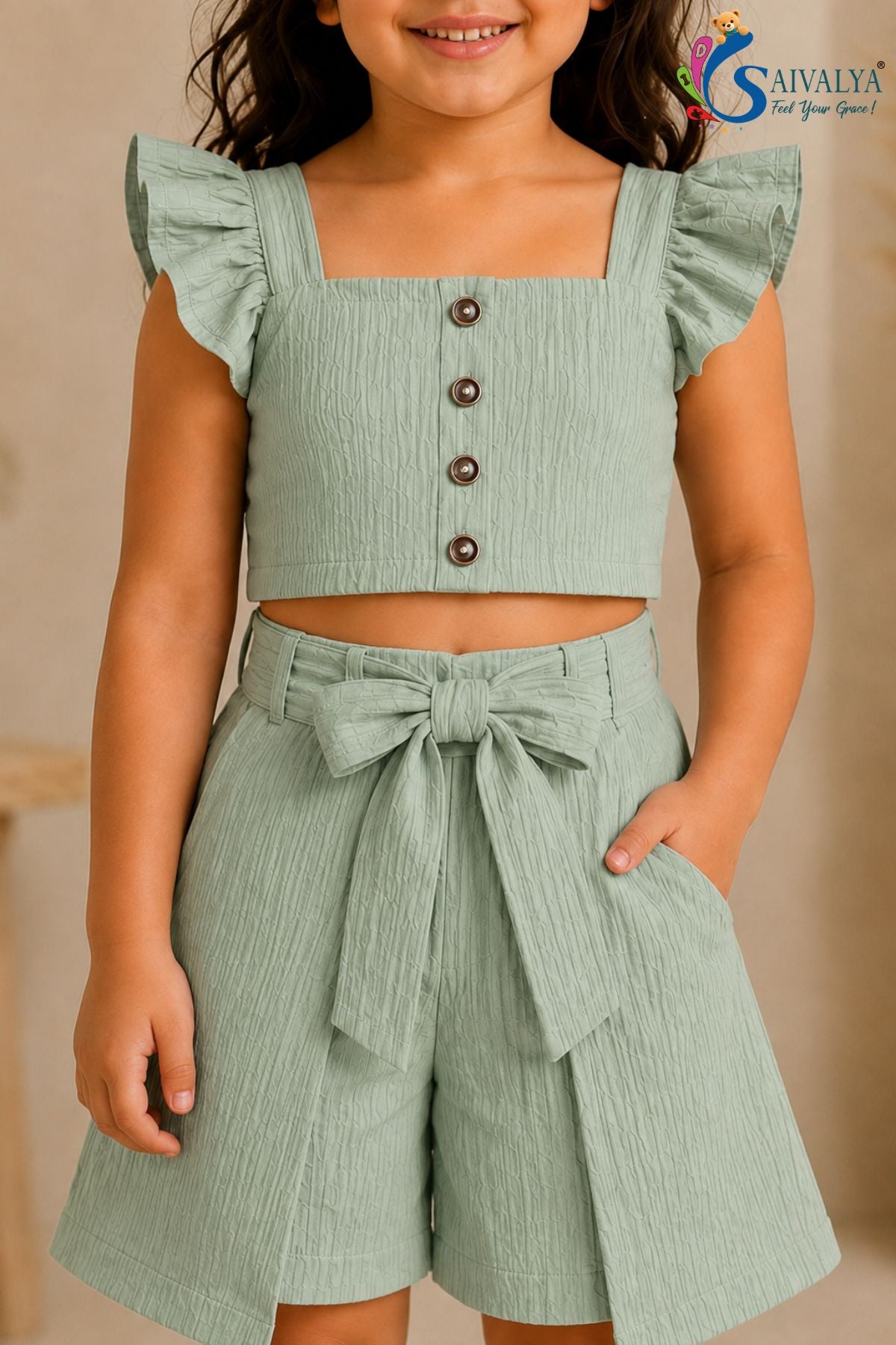 Pastel Sage Green - Flutter Bloom Textured Co-Ord Set for Girls