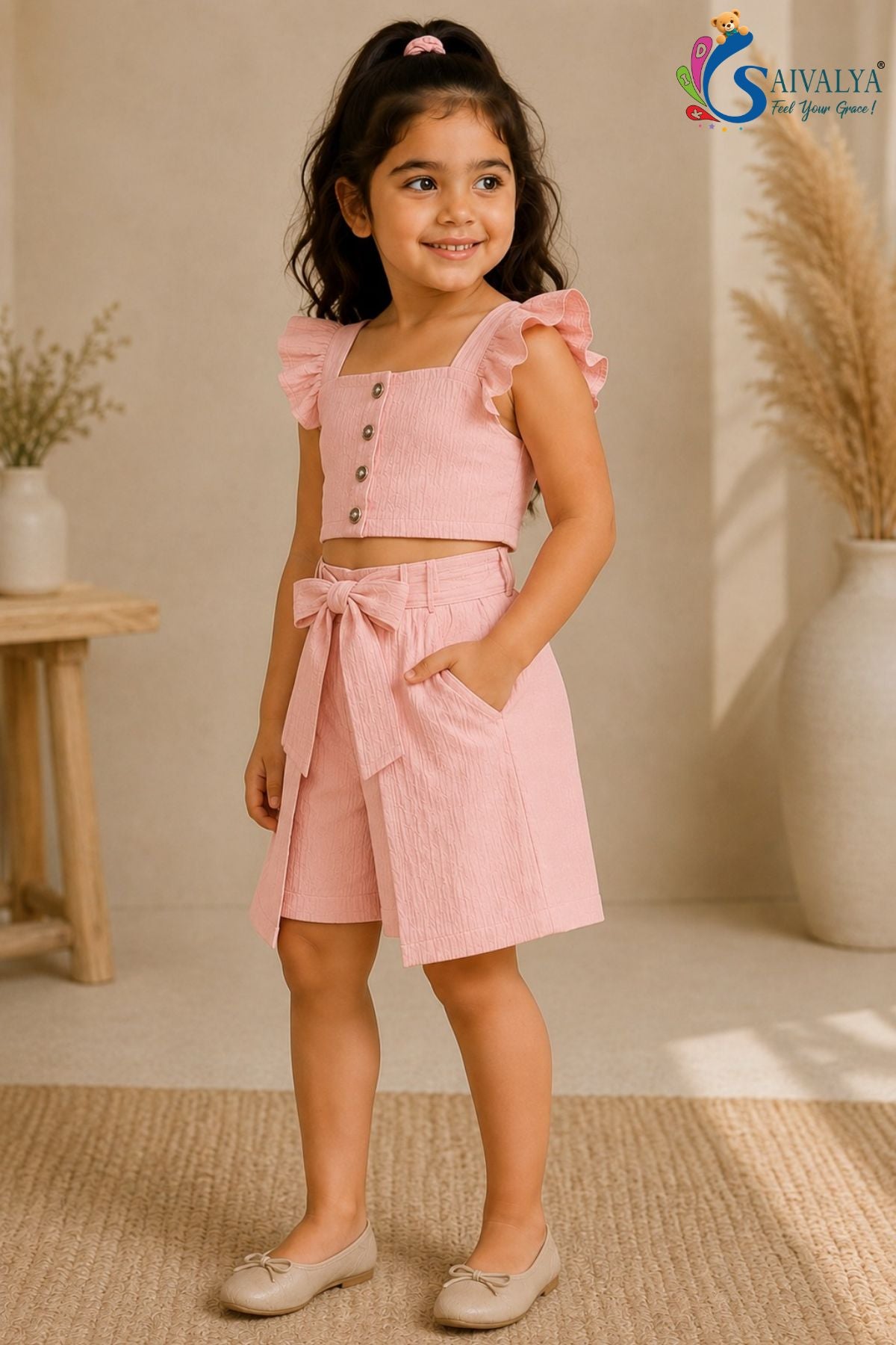 Blush Pink Flutter Bloom Textured Co-Ord Set for Girls