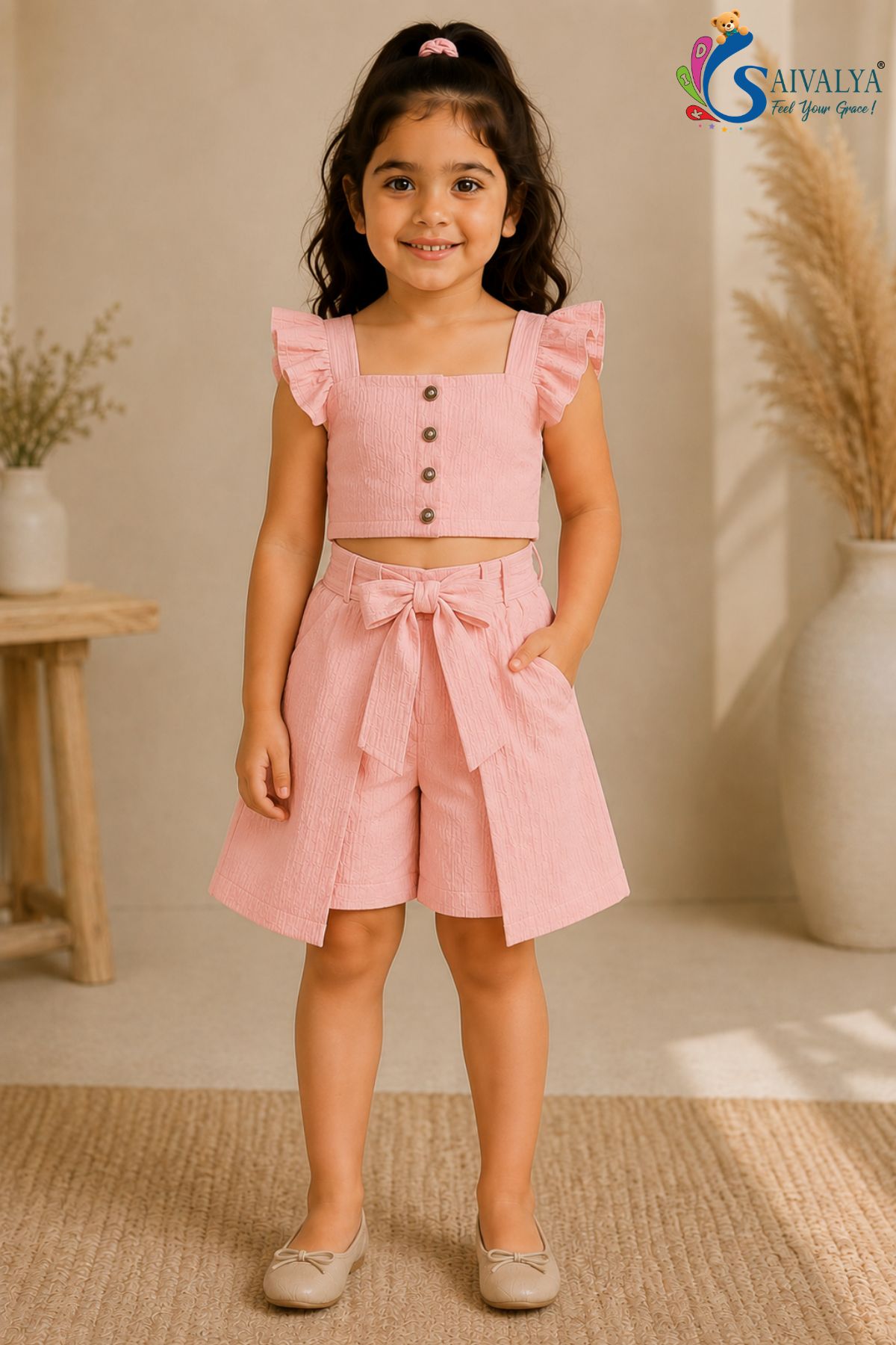 Blush Pink Flutter Bloom Textured Co-Ord Set for Girls