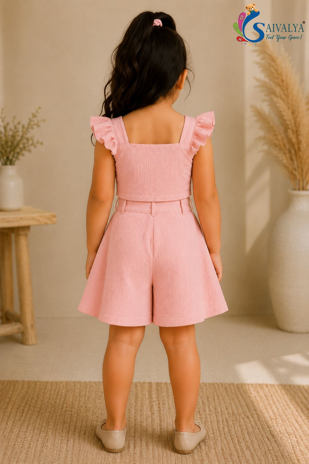 Blush Pink Flutter Bloom Textured Co-Ord Set for Girls