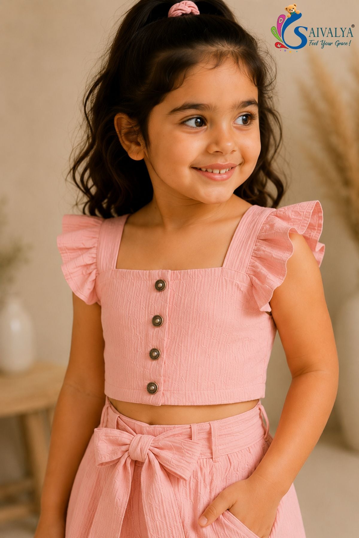 Blush Pink Flutter Bloom Textured Co-Ord Set for Girls