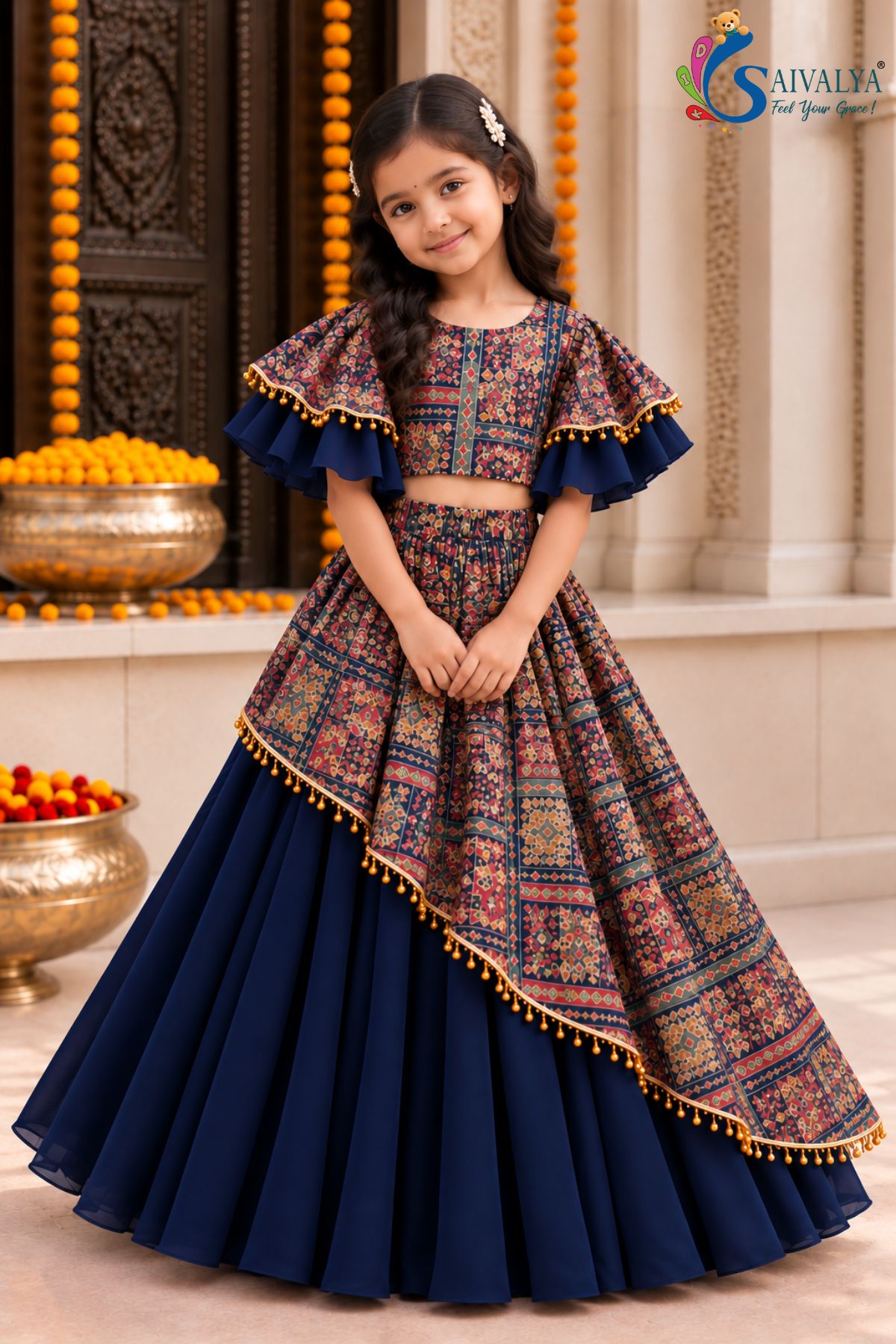 Midnight Blue Kalamkari Asymmetric Georgette Lehenga Set