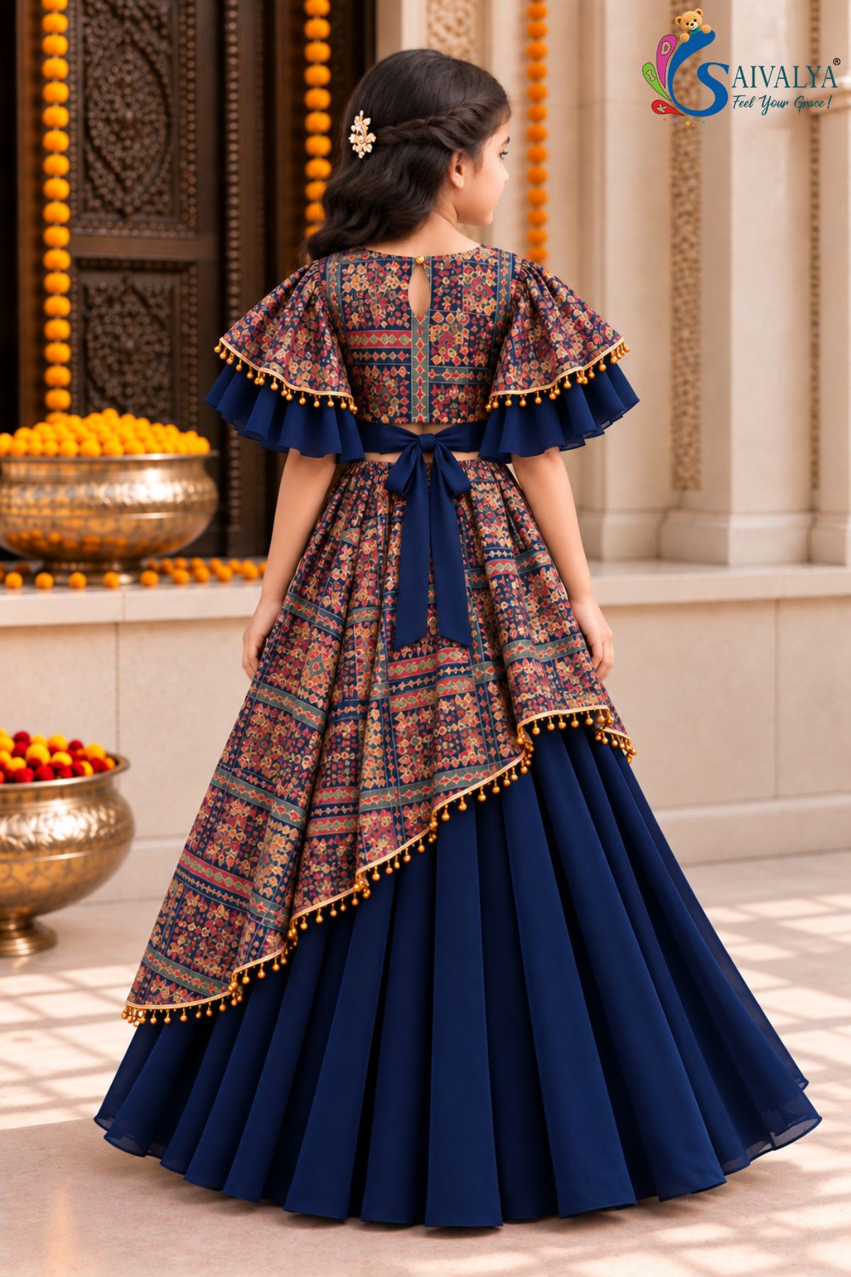 Midnight Blue Kalamkari Asymmetric Georgette Lehenga Set