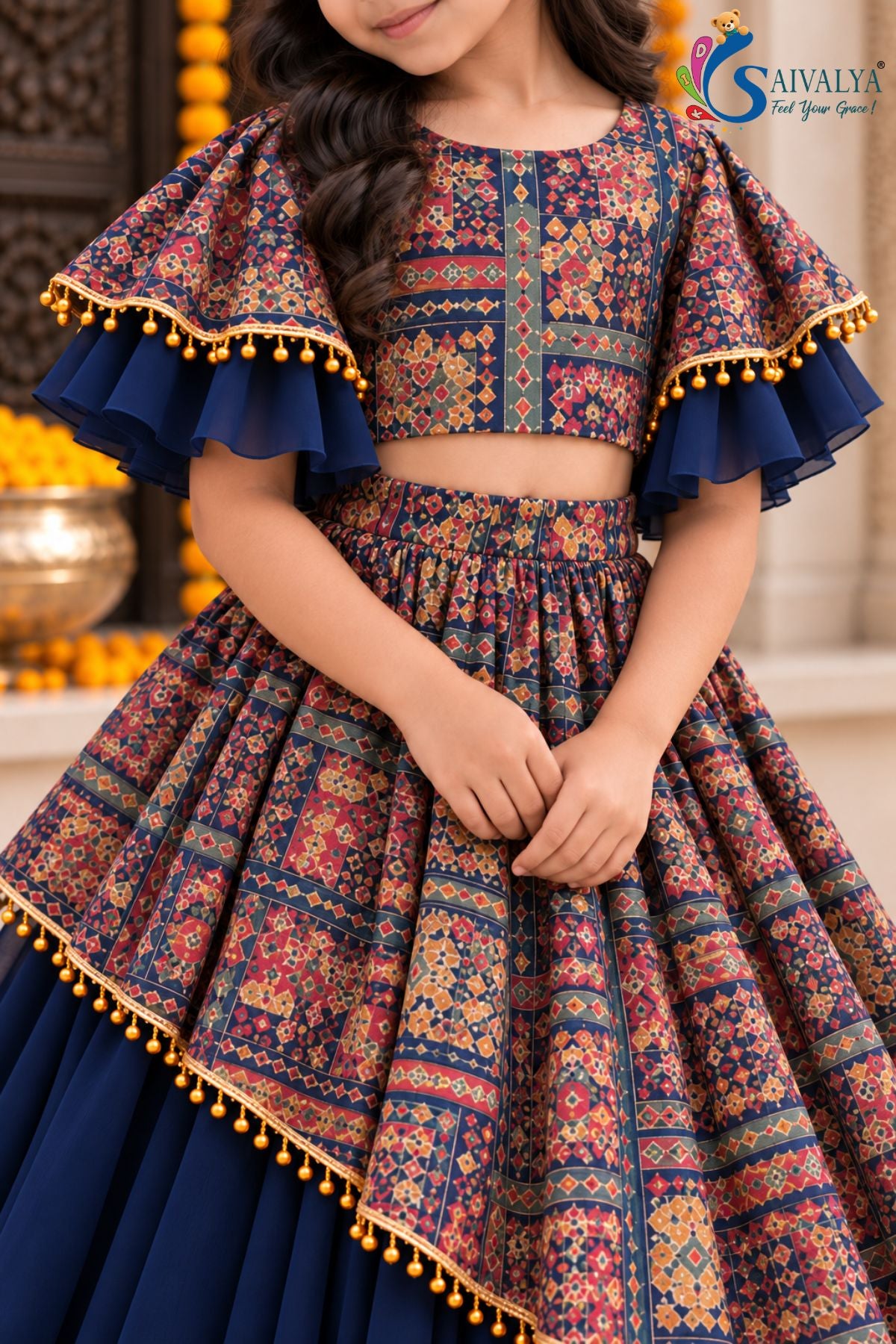 Midnight Blue Kalamkari Asymmetric Georgette Lehenga Set