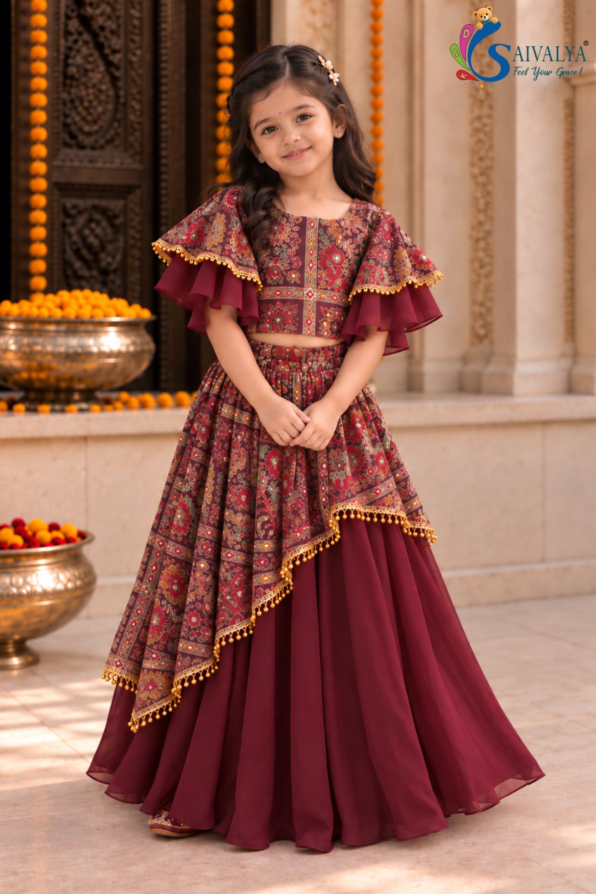 Plum Kalamkari Asymmetric Georgette Lehenga Set