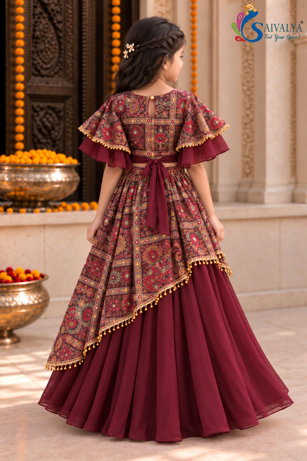 Plum Kalamkari Asymmetric Georgette Lehenga Set