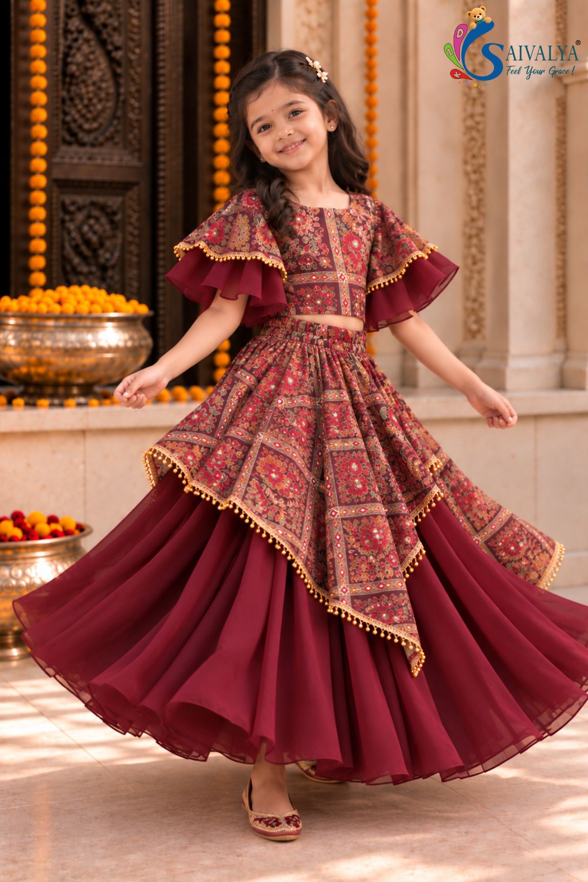 Plum Kalamkari Asymmetric Georgette Lehenga Set