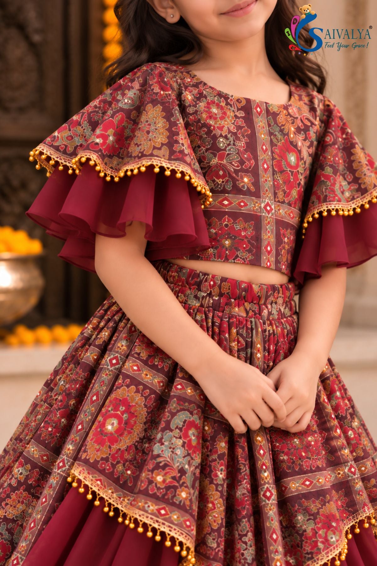 Plum Kalamkari Asymmetric Georgette Lehenga Set
