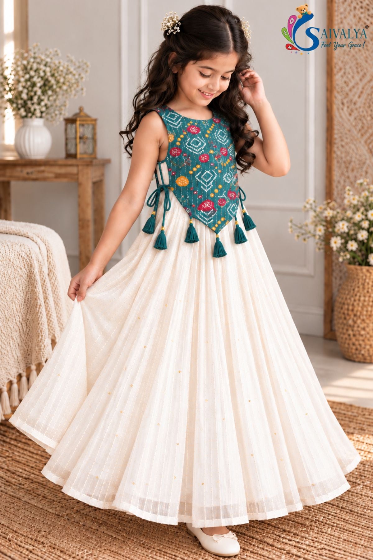 Ivory Sequin Flared Gown with Peacock Teal Bandhani Koti