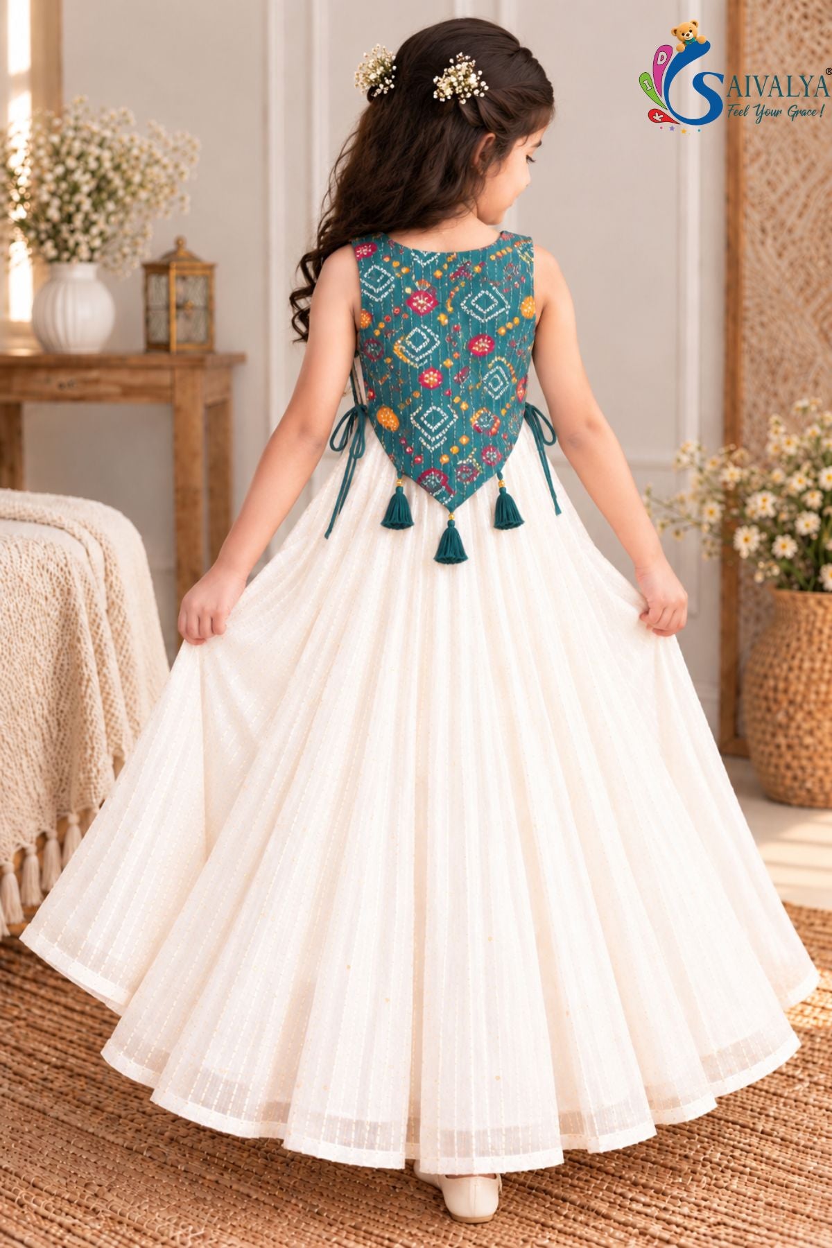 Ivory Sequin Flared Gown with Peacock Teal Bandhani Koti