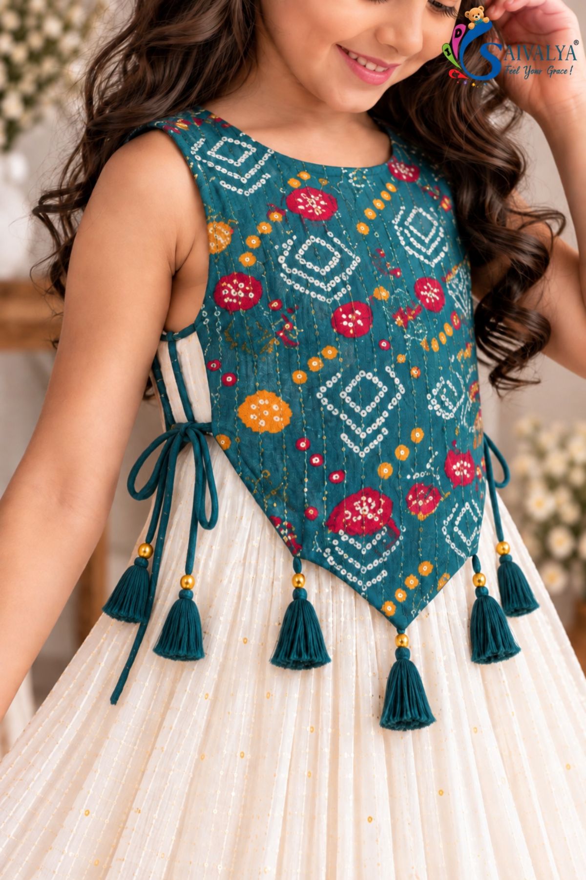 Ivory Sequin Flared Gown with Peacock Teal Bandhani Koti