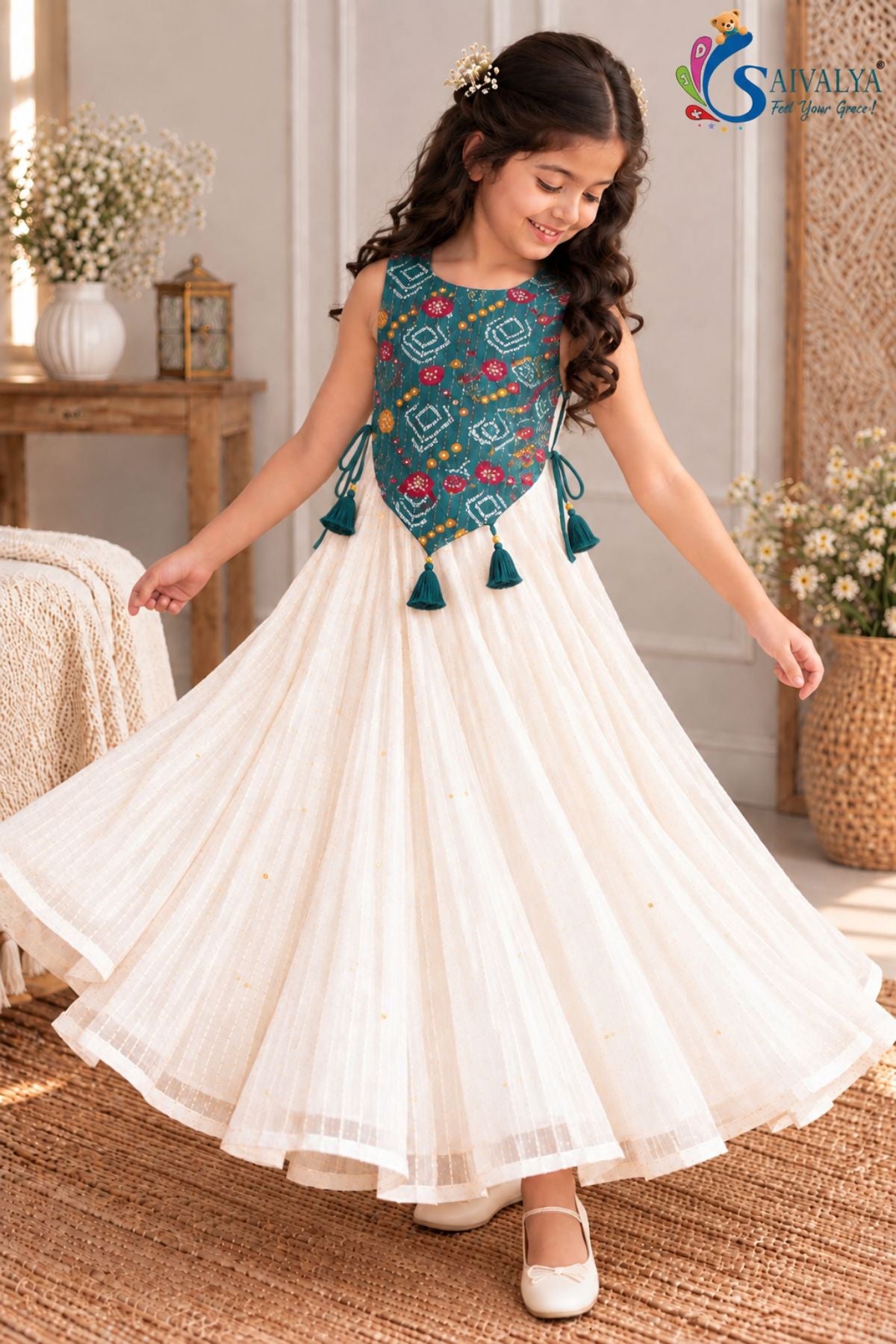Ivory Sequin Flared Gown with Peacock Teal Bandhani Koti