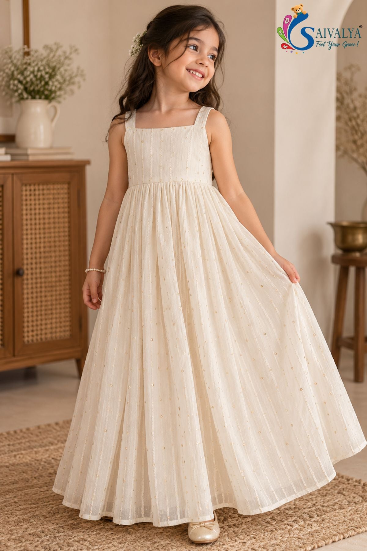 Ivory Sequin Flared Gown with Peacock Teal Bandhani Koti
