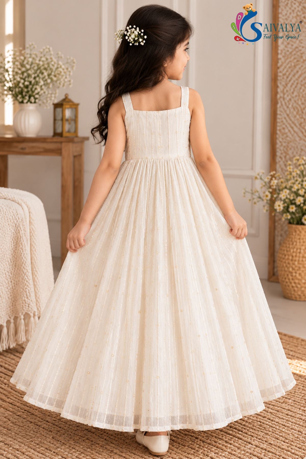 Ivory Sequin Flared Gown with Peacock Teal Bandhani Koti