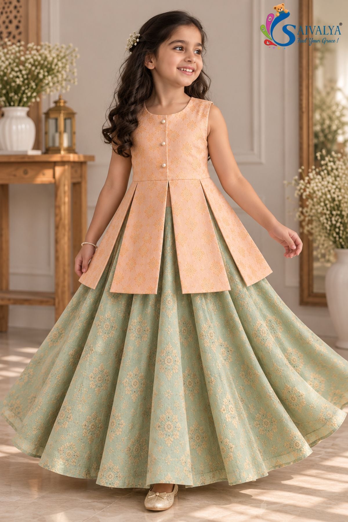 Peach Peplum Top with Pista Green Circular Brocade Skirt Set