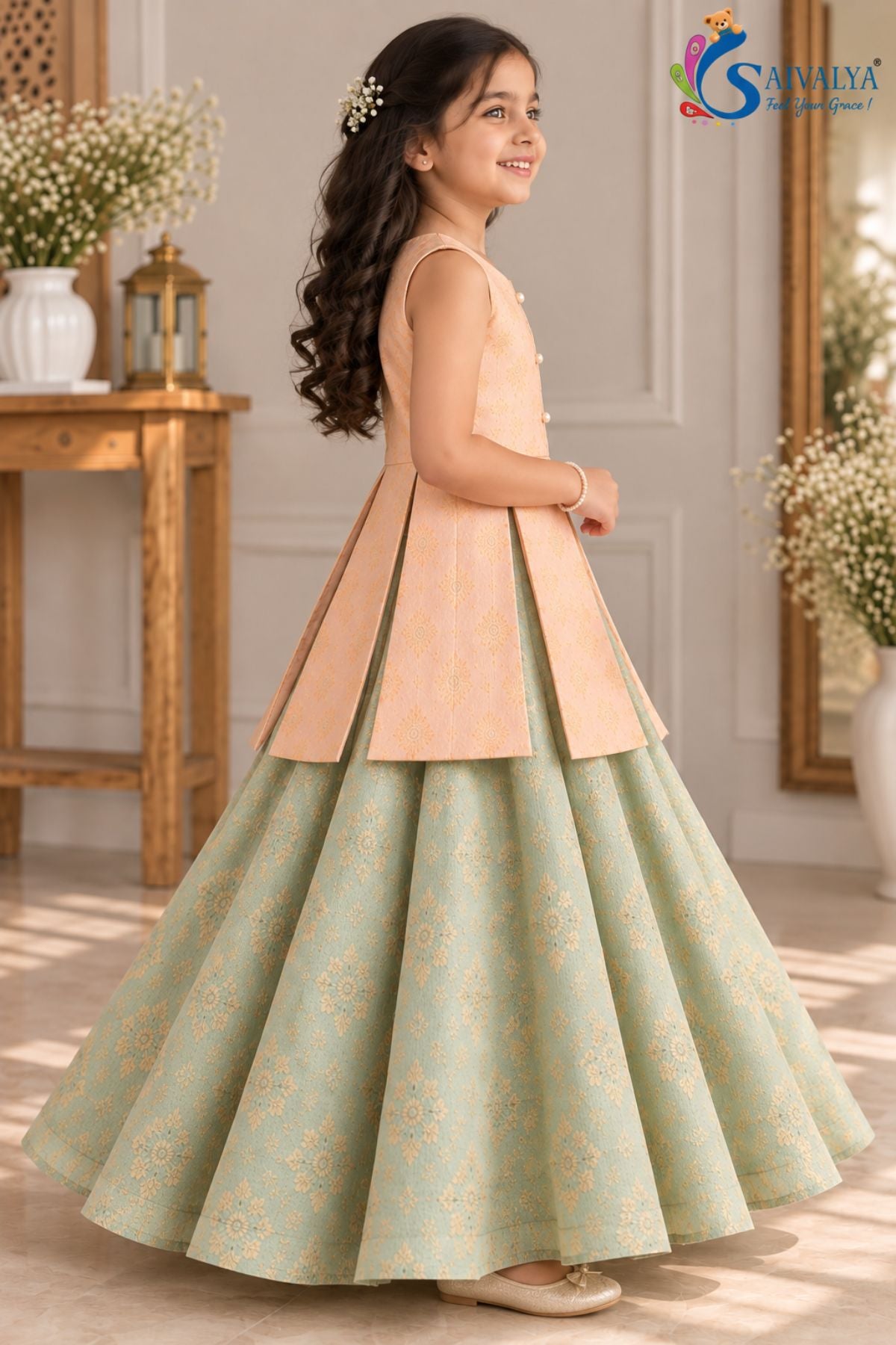 Peach Peplum Top with Pista Green Circular Brocade Skirt Set