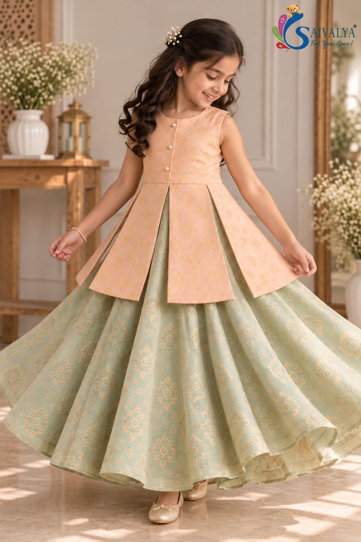 Peach Peplum Top with Pista Green Circular Brocade Skirt Set