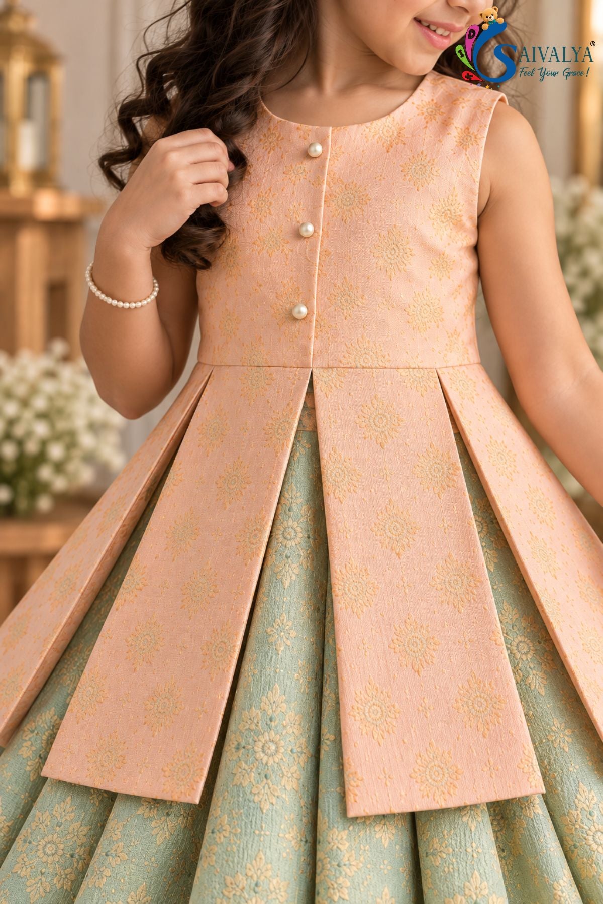 Peach Peplum Top with Pista Green Circular Brocade Skirt Set