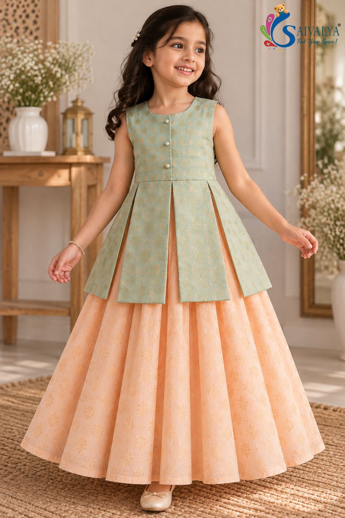 Pista Green Peplum Top with Peach Circular Brocade Skirt Set