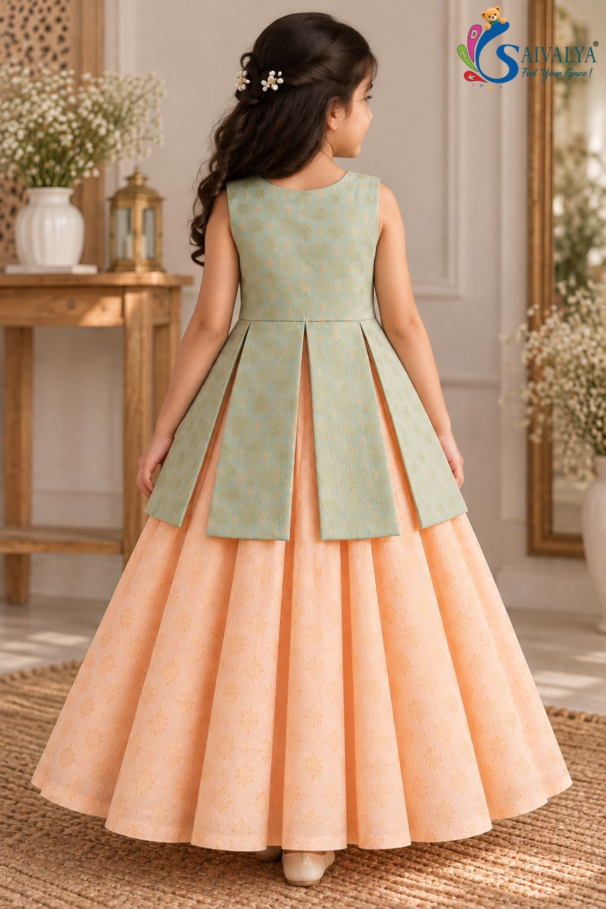 Pista Green Peplum Top with Peach Circular Brocade Skirt Set