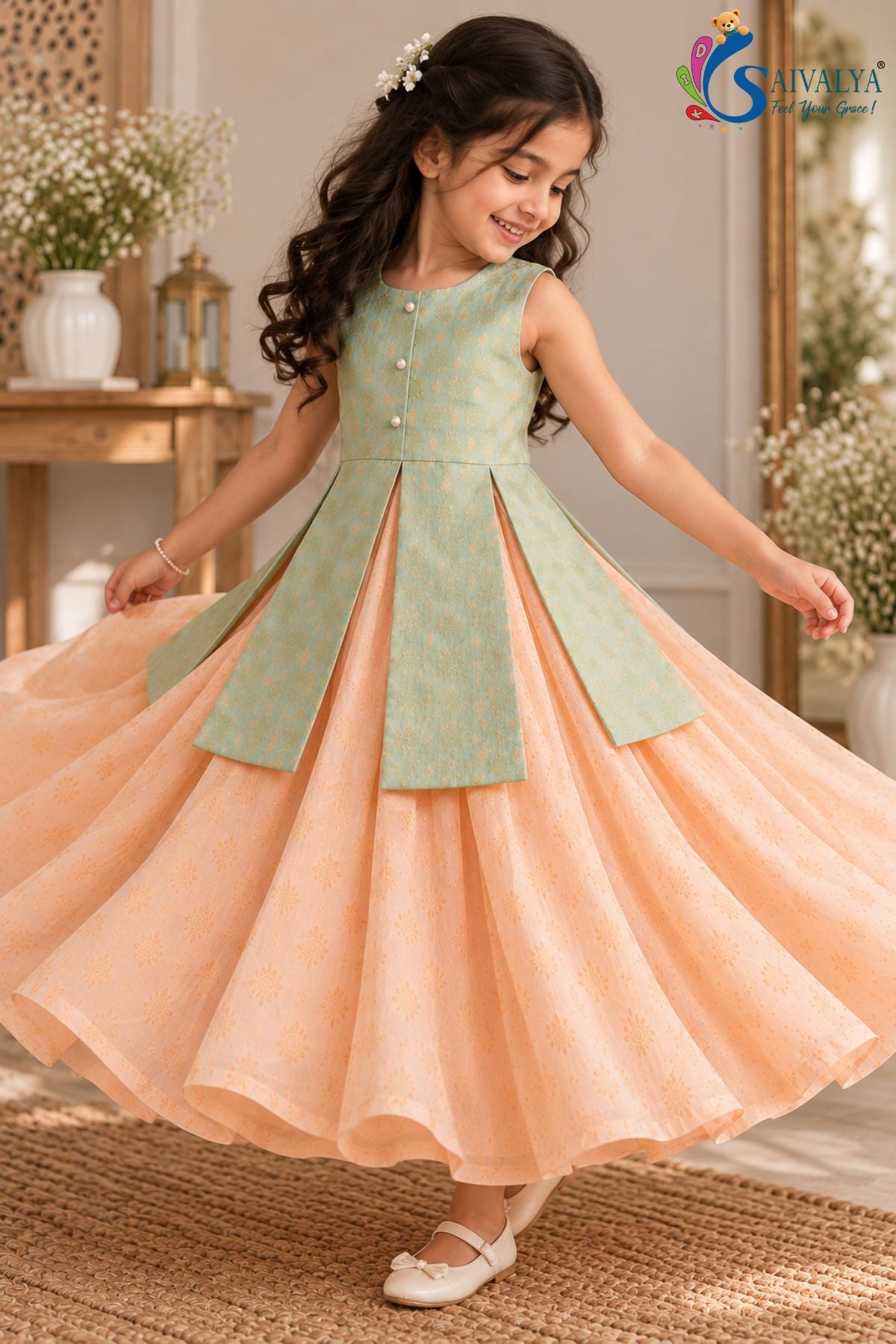 Pista Green Peplum Top with Peach Circular Brocade Skirt Set