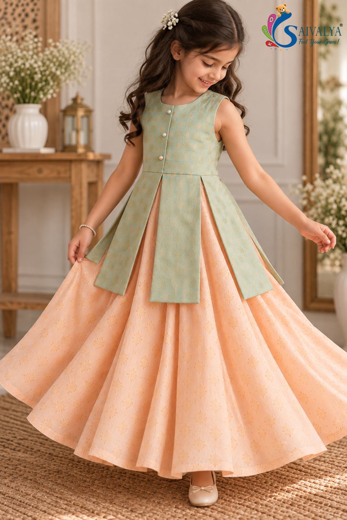 Pista Green Peplum Top with Peach Circular Brocade Skirt Set