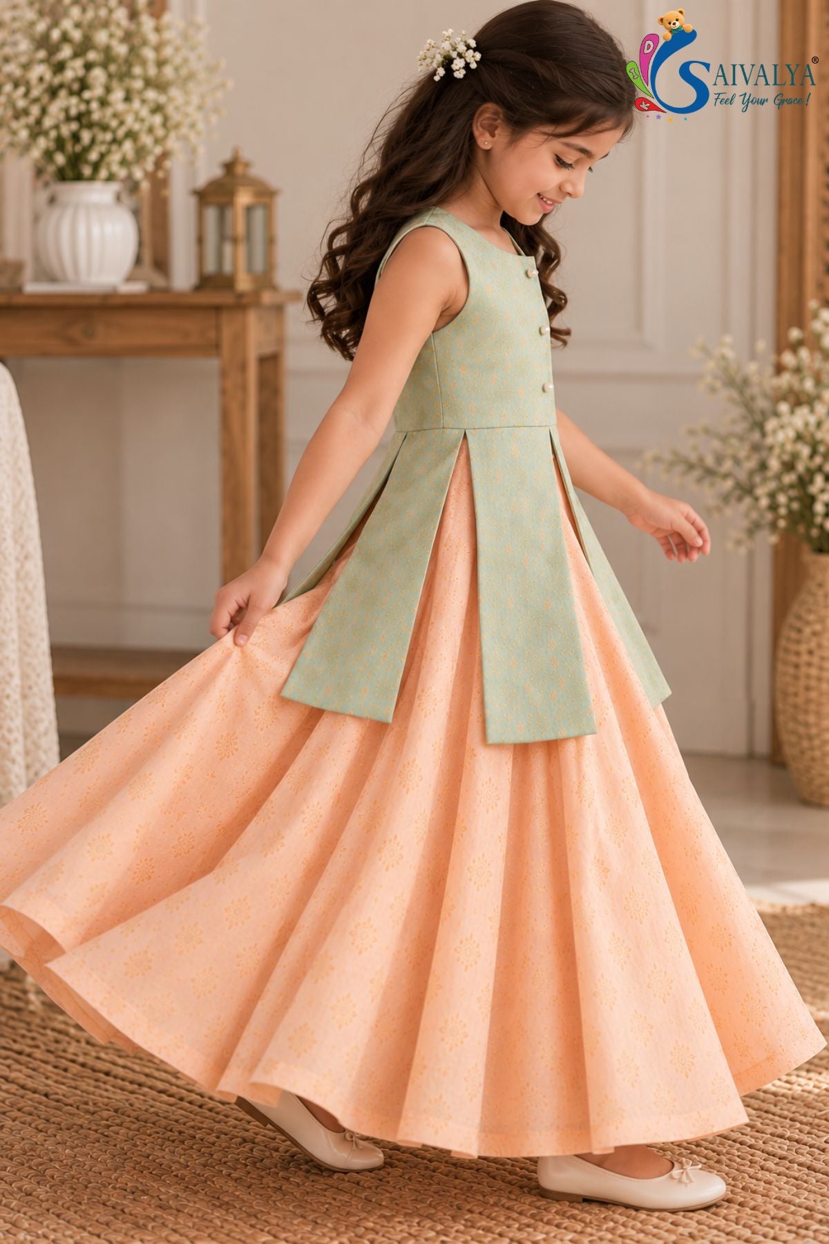Pista Green Peplum Top with Peach Circular Brocade Skirt Set