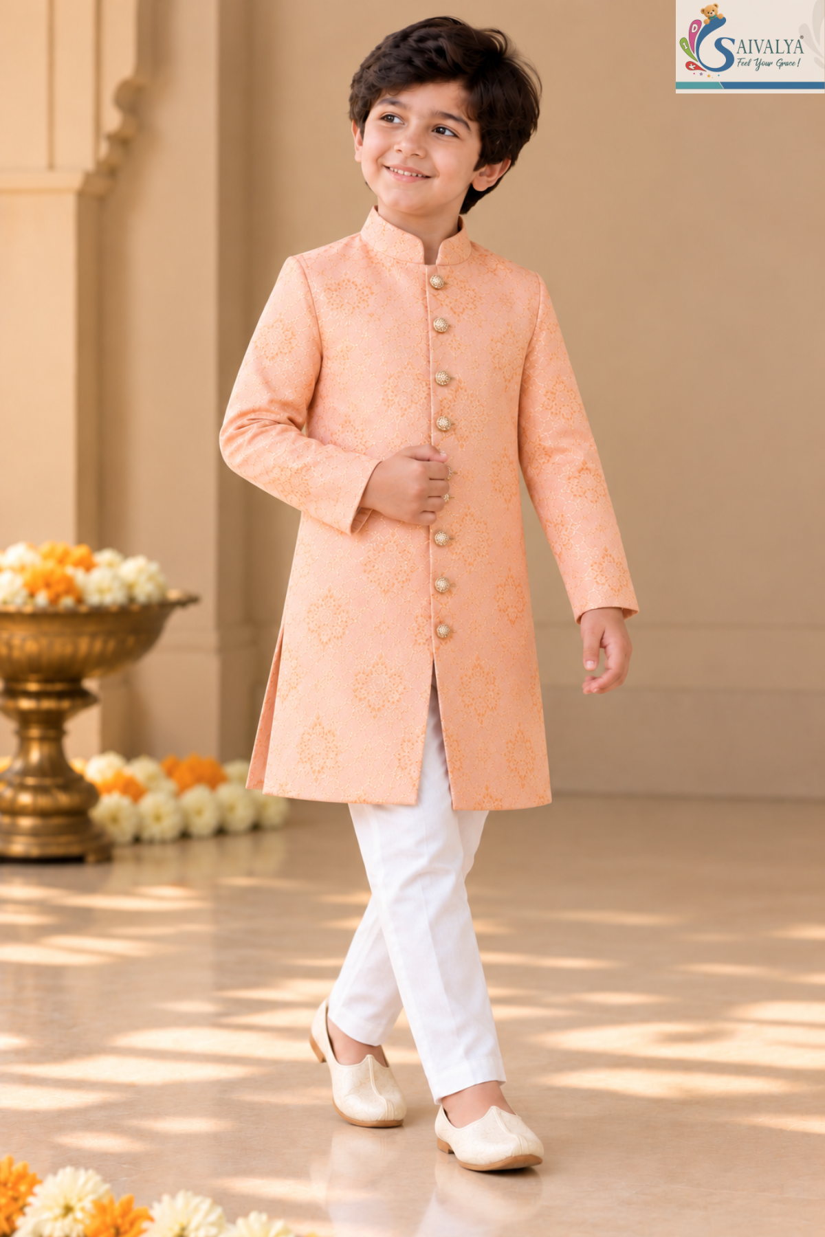 Peach Elegance Brocade Sherwani Set