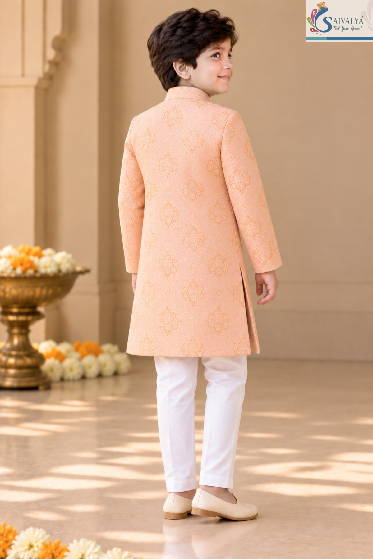 Peach Elegance Brocade Sherwani Set