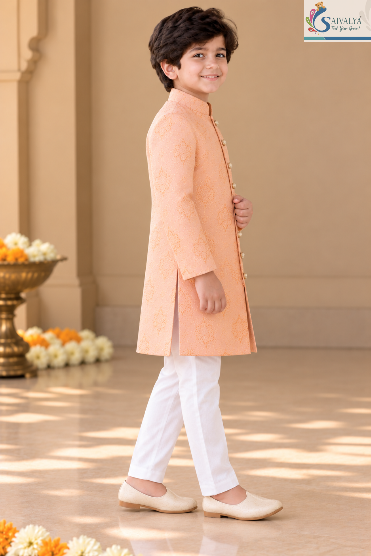 Peach Elegance Brocade Sherwani Set