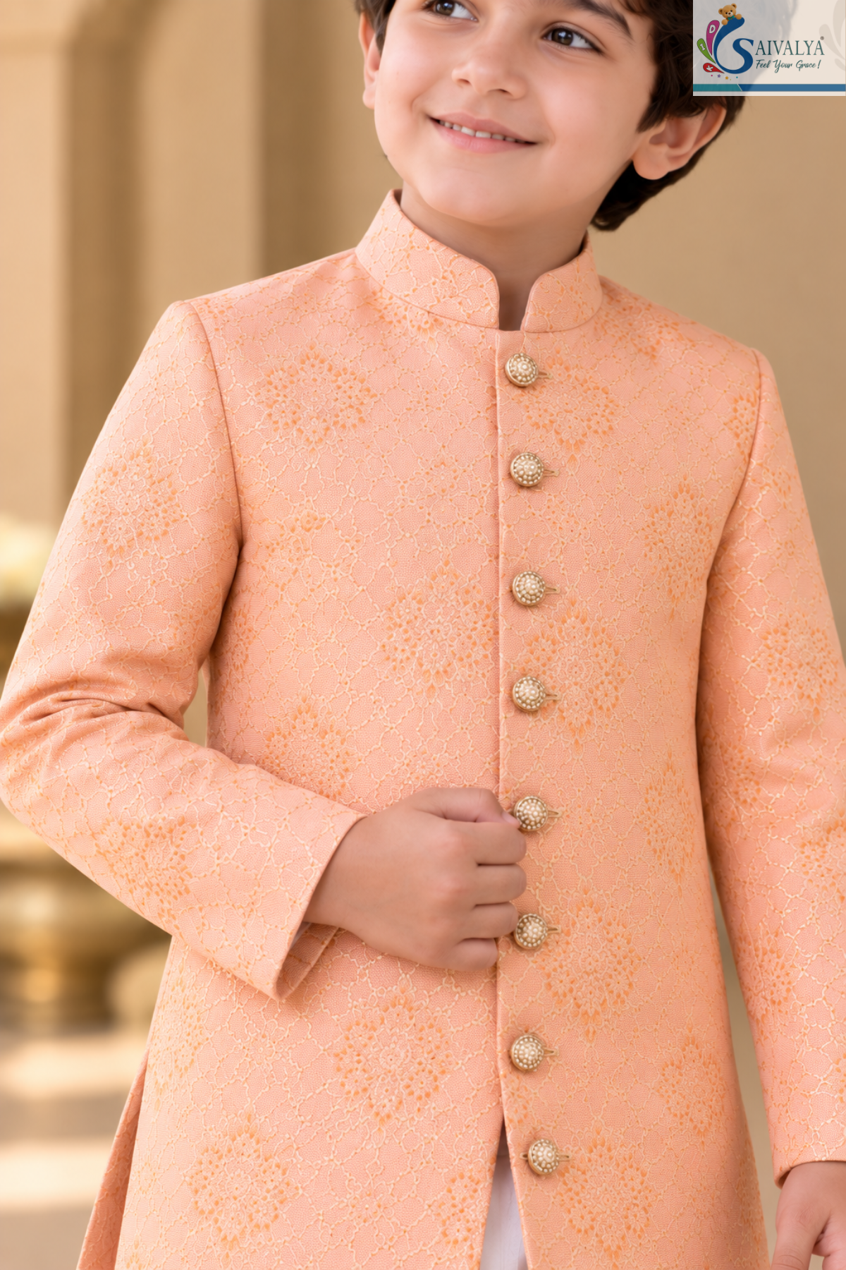 Peach Elegance Brocade Sherwani Set