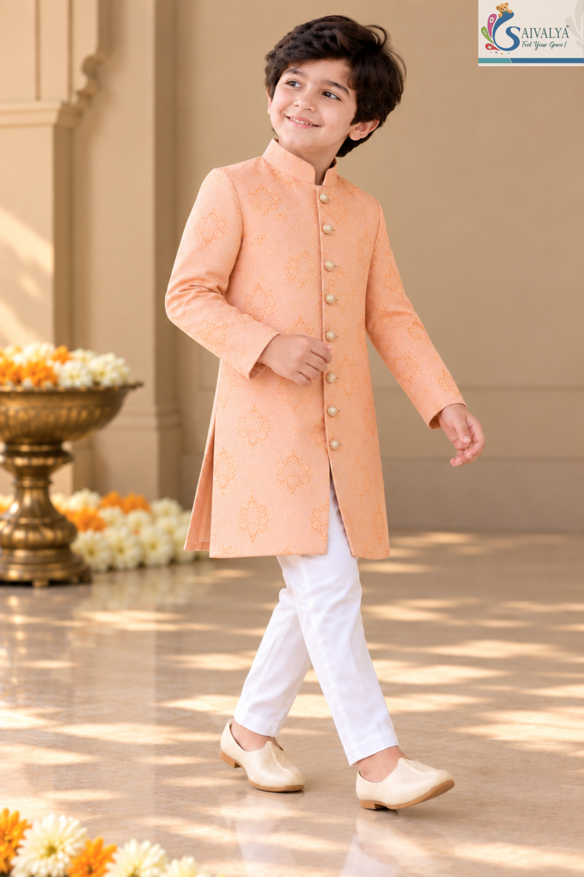 Peach Elegance Brocade Sherwani Set