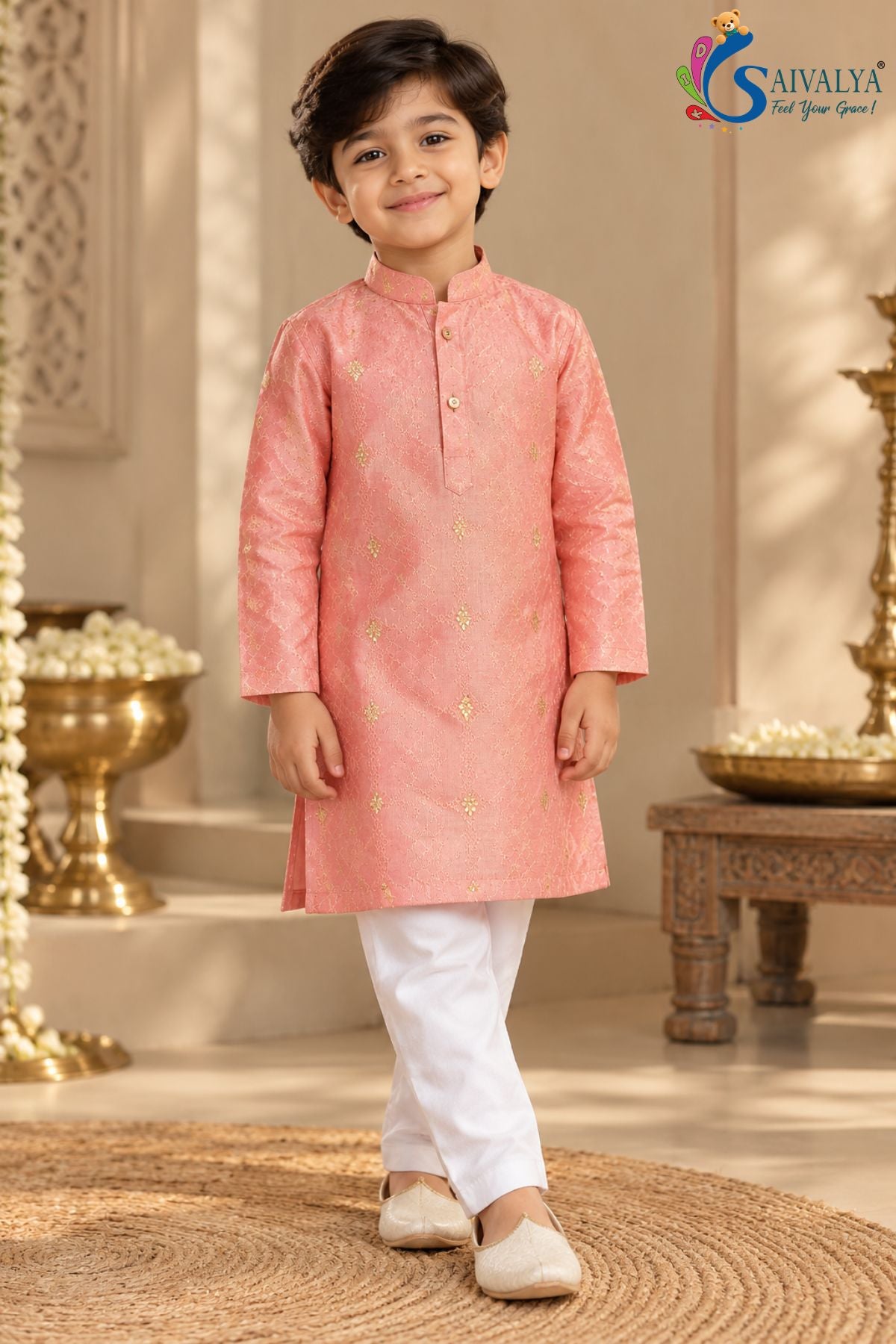 Traditional Festive Kurta Set - Coral
