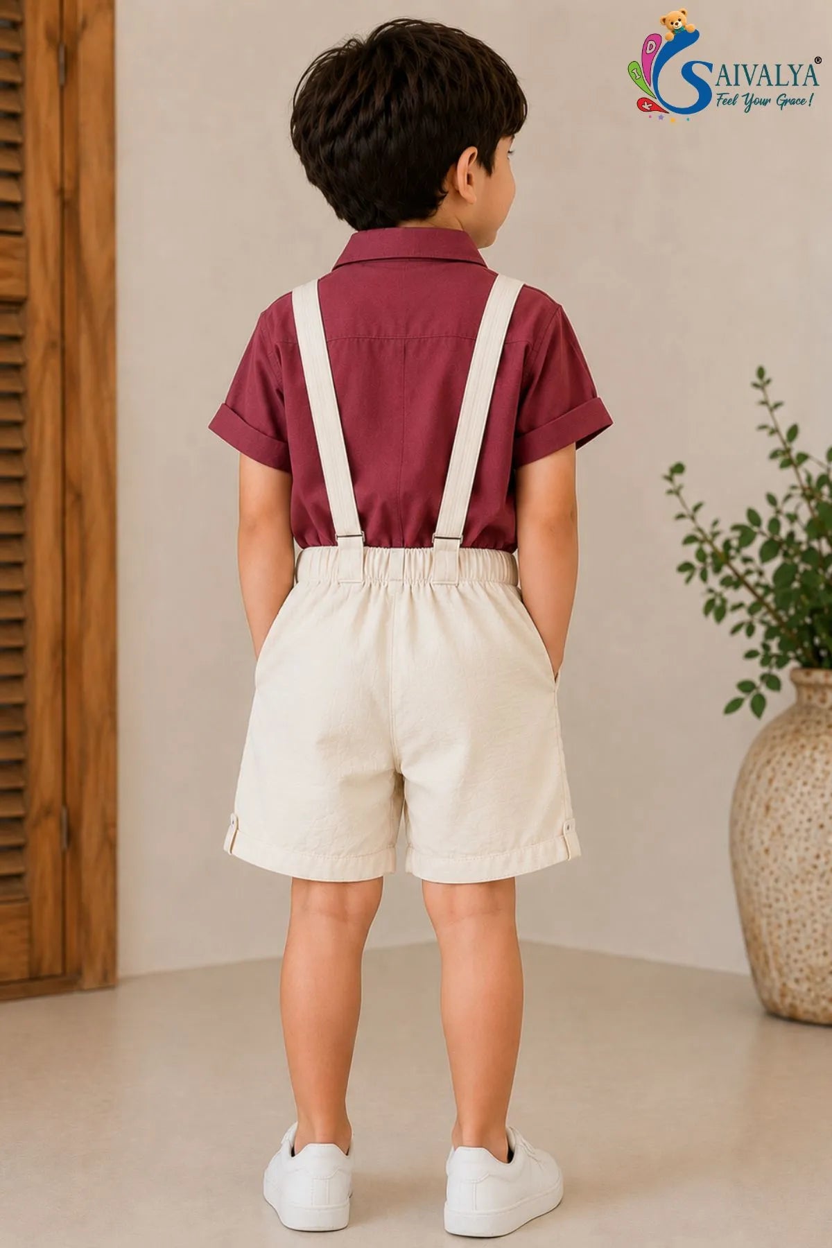 Maroon Shirt & Suspender Shorts Set