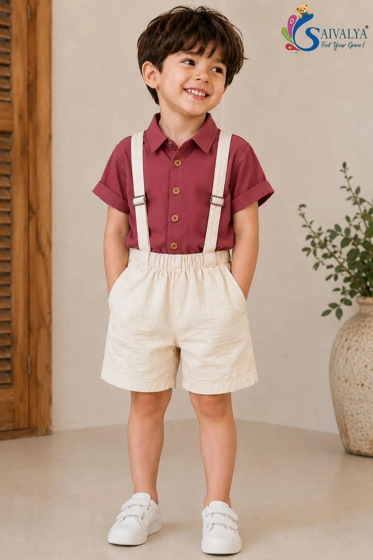 Maroon Shirt & Suspender Shorts Set