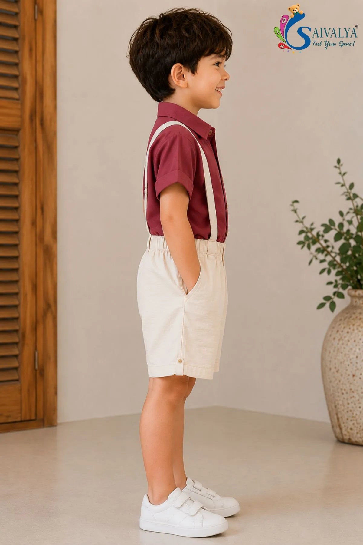 Maroon Shirt & Suspender Shorts Set