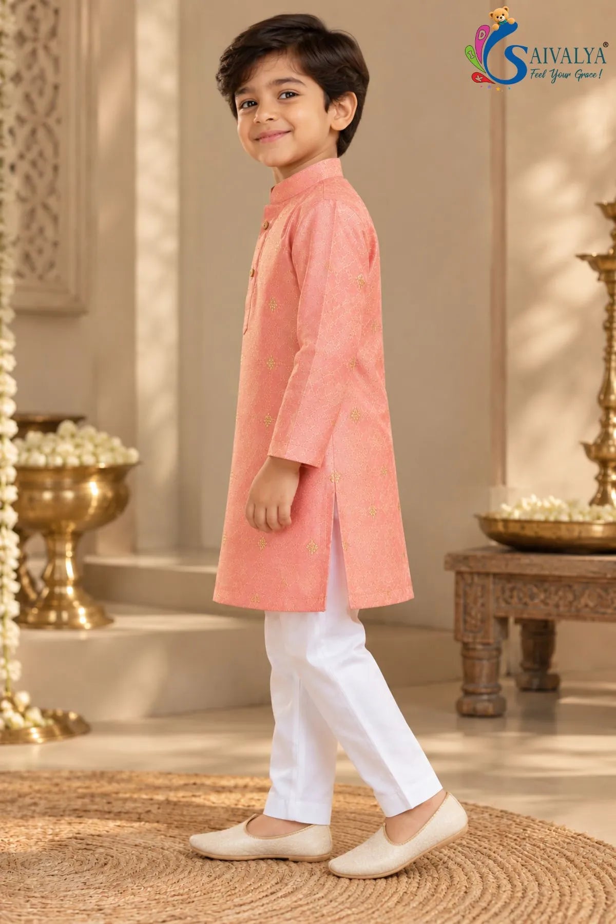 Peach Embroidered Kurta Set for Boys