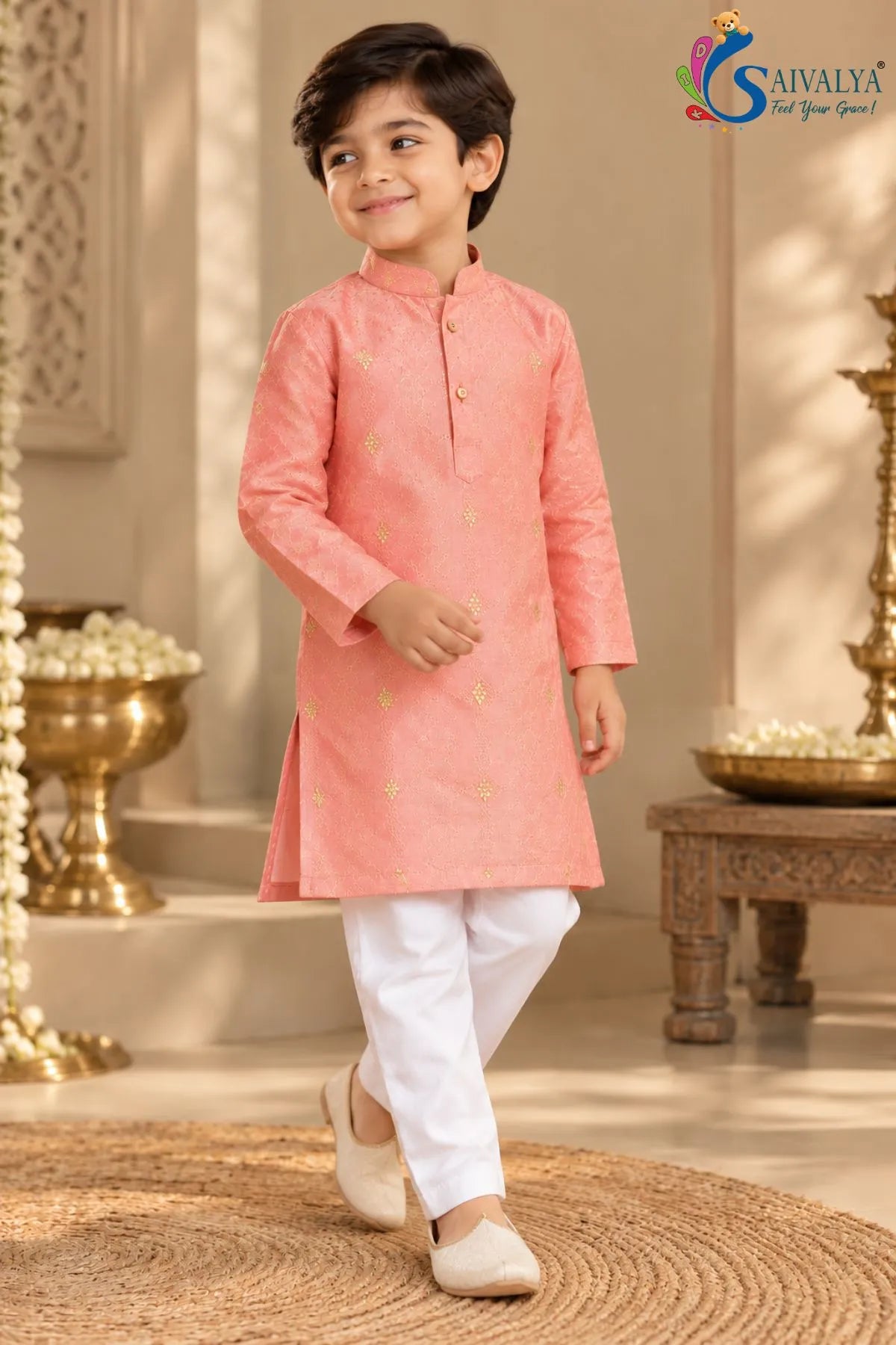 Peach Embroidered Kurta Set for Boys