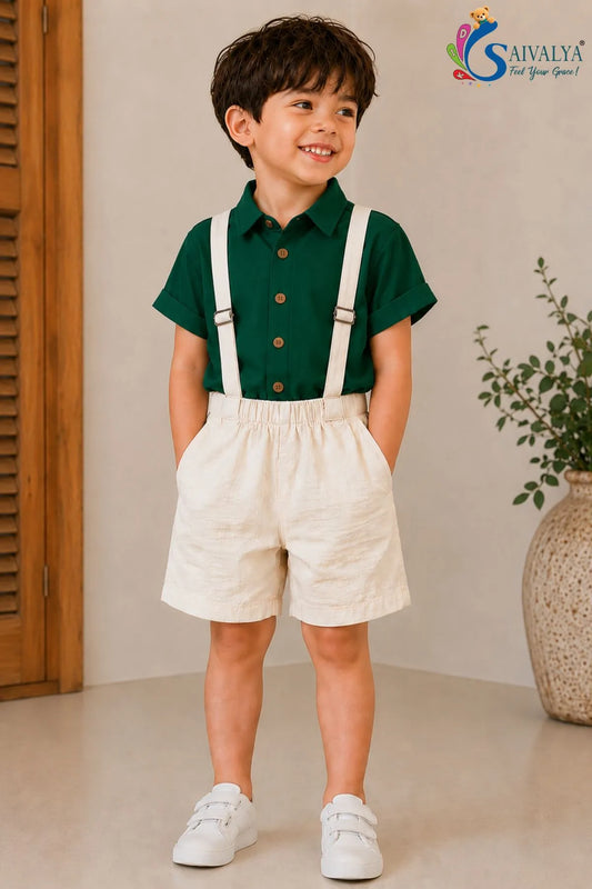 Green Shirt & Suspender Shorts Set