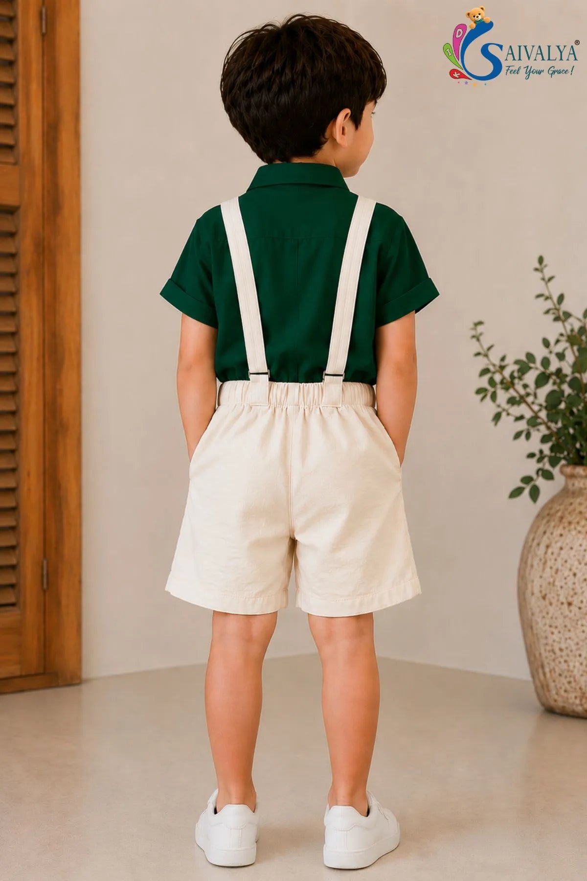 Green Shirt & Suspender Shorts Set