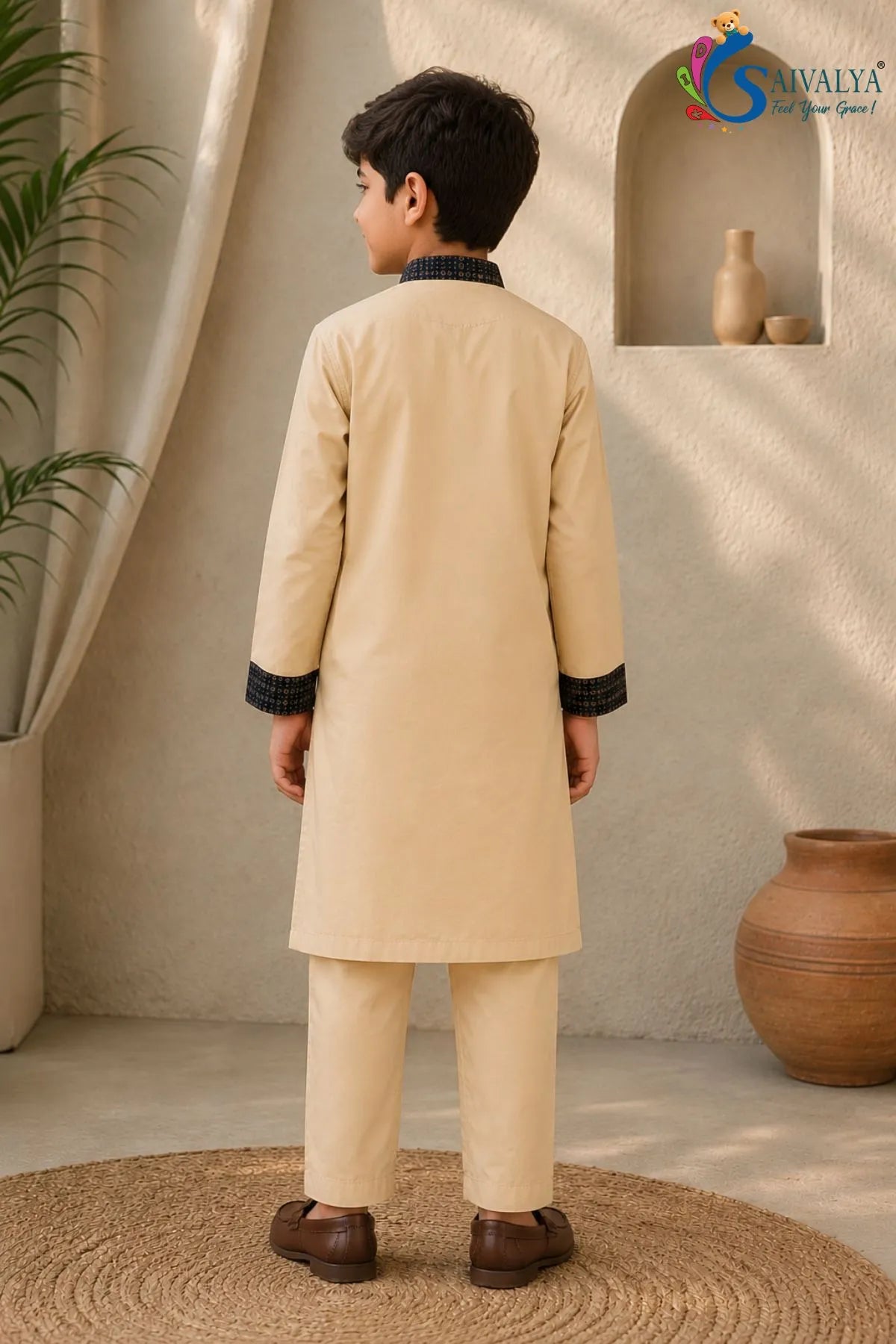 Beige Embroidered Kurta Pajama Set for Boys