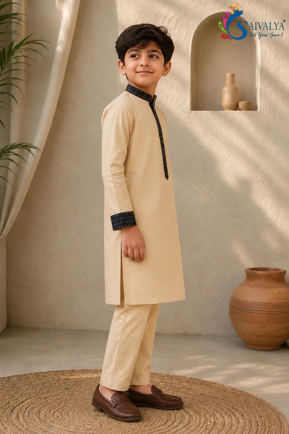 Beige Embroidered Kurta Pajama Set for Boys