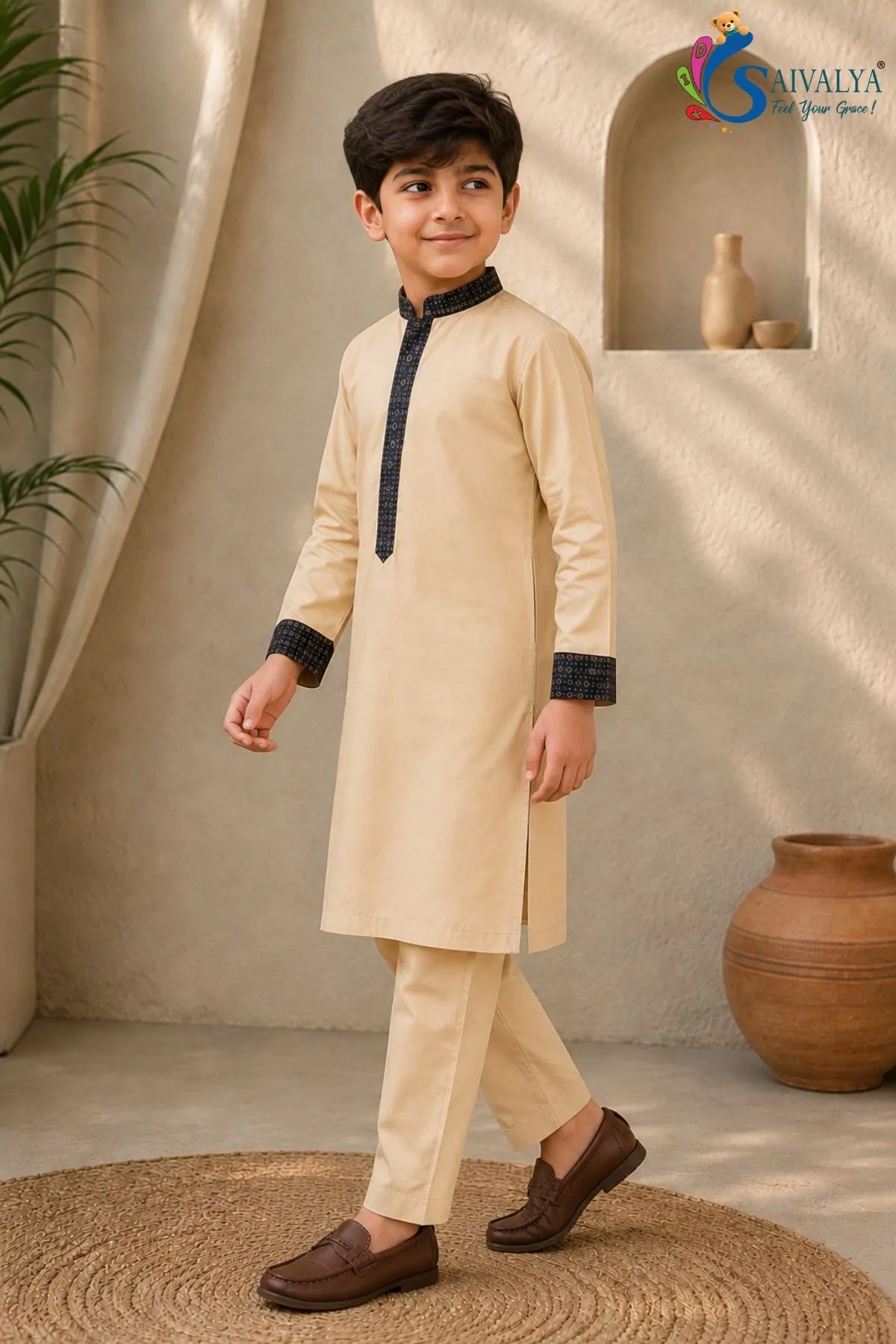 Beige Embroidered Kurta Pajama Set for Boys