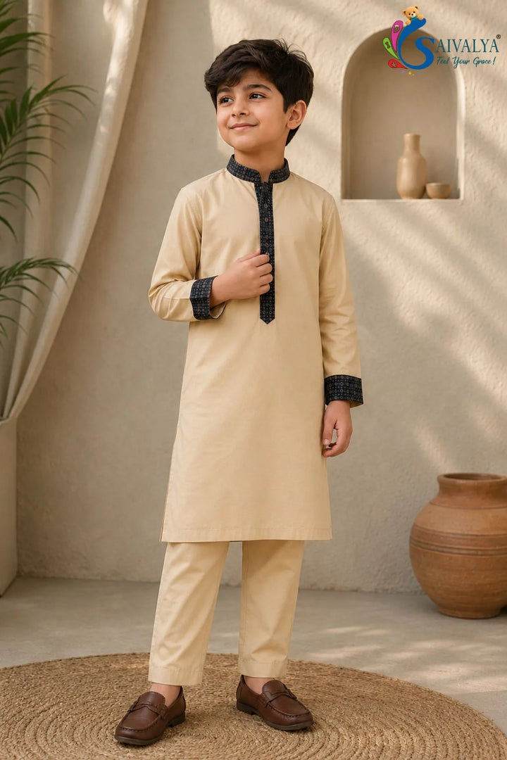 Beige Embroidered Kurta Pajama Set for Boys