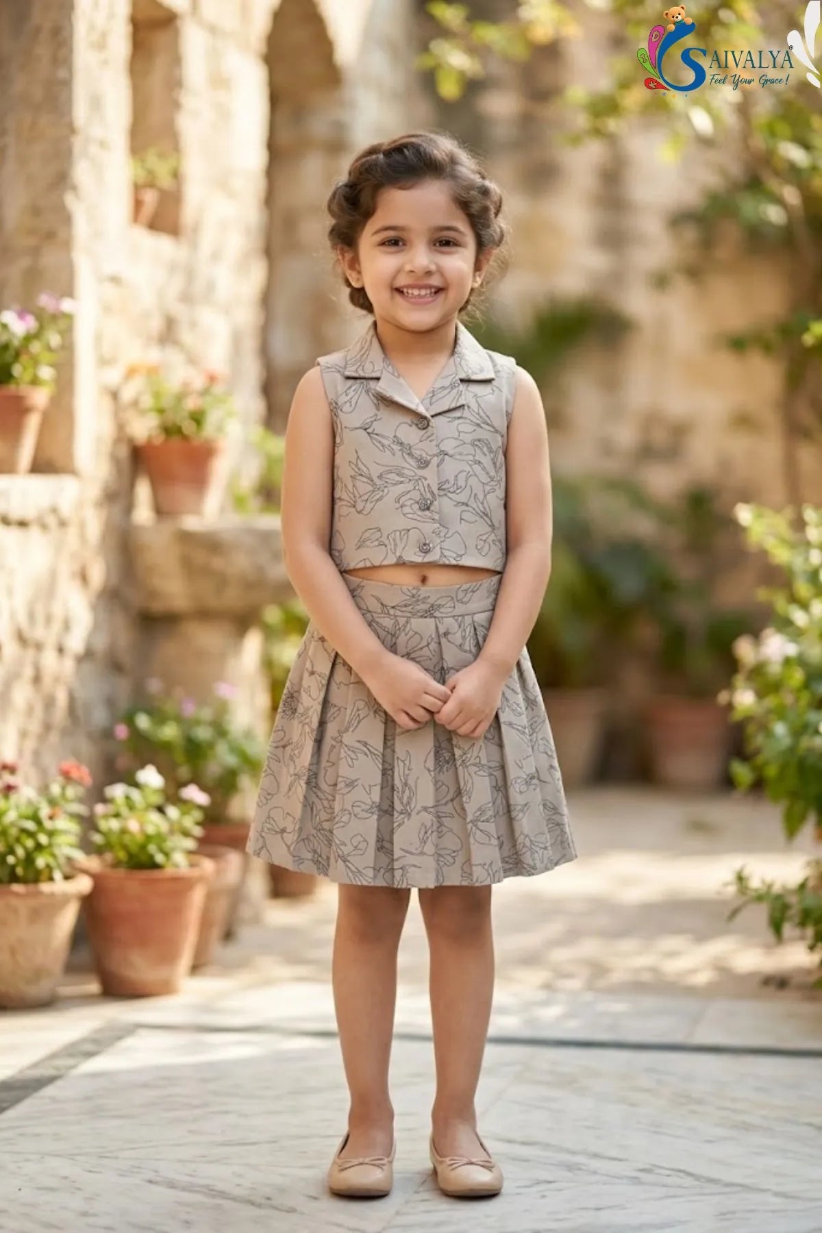 Printed Crop Top & Skirt Set for Girls