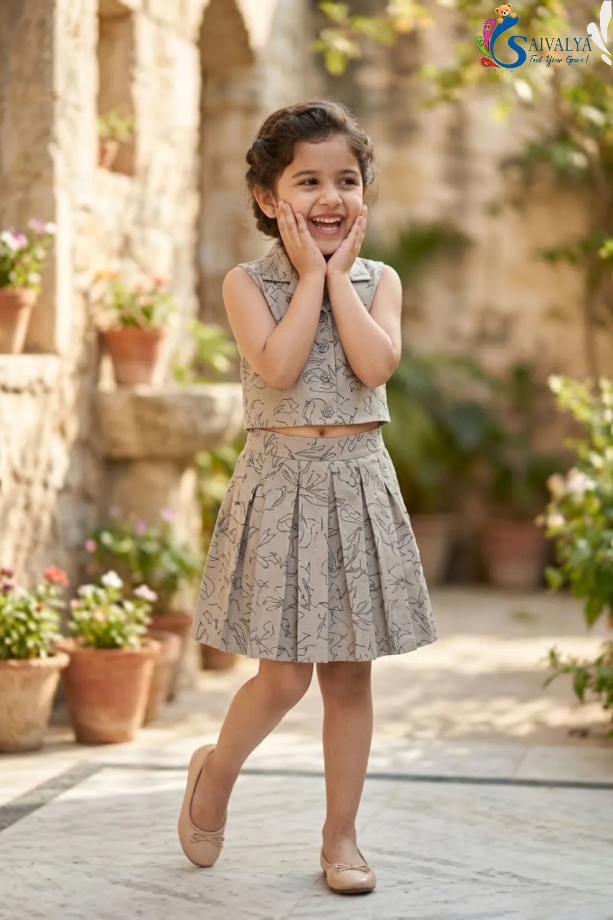 Printed Crop Top & Skirt Set for Girls