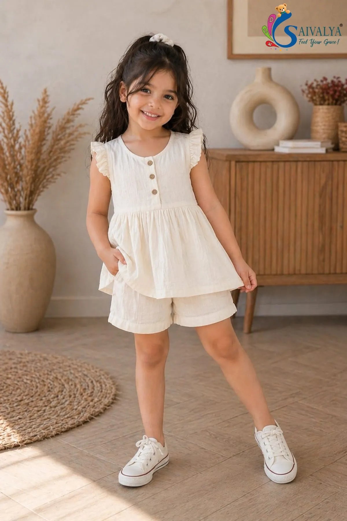 Ivory Ruffle Sleeve Girls Co-Ord Set