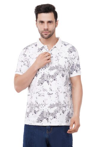White Abstract Printed Polo T-Shirt