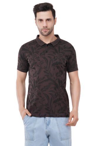 Chocolate Brown Leaf Print Polo T-Shirt